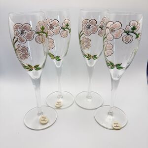 4 Pierre Jouet France Époque Art Nouveau Crystal Champagne Flutes Pink Flowers